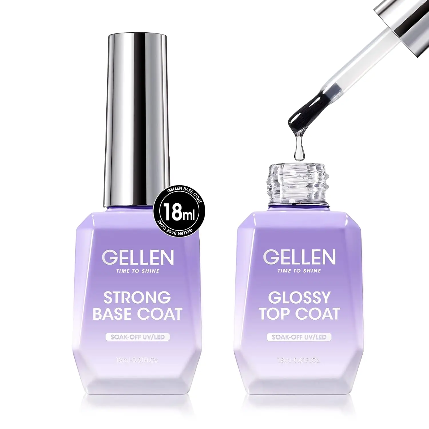 Gellen Nail Gel Base Coat Enamel Top & Growth No Wipe Polish 2 Pcs 18ml Superior Soak Off Set Lasting Ultra Glossy Topgel