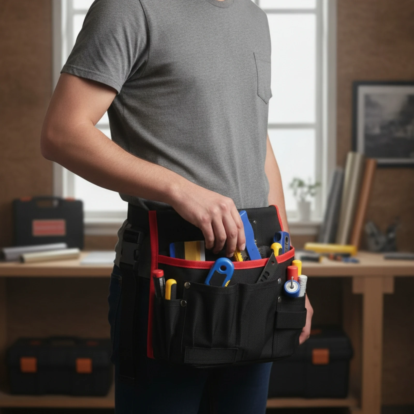 Tool Waist Bag Wear-Resistant Tool Pouch with Pockets Waist Bag with Belt Multifunctional Adjustable for Car Detailers