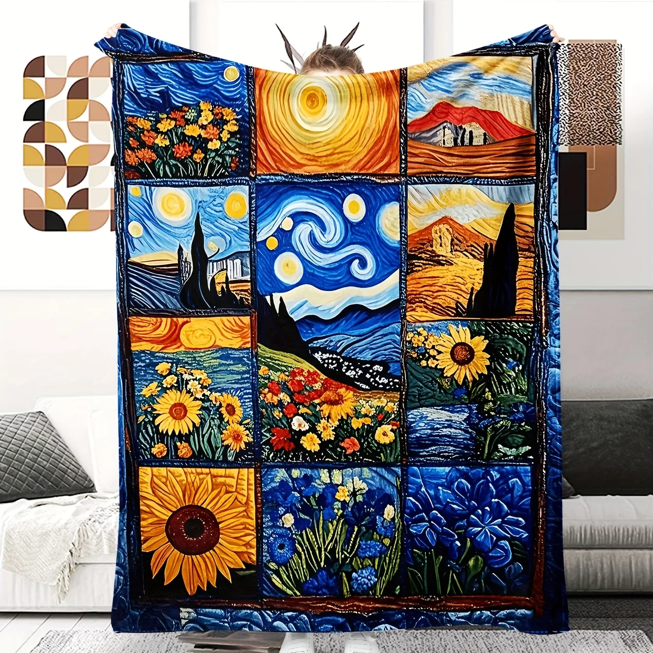 Van Gogh Masterpiece Quilted Flannel Blanket - Soft, Lightweight, Warm | Vibrant Art Design with Starry Night & Sunflowers