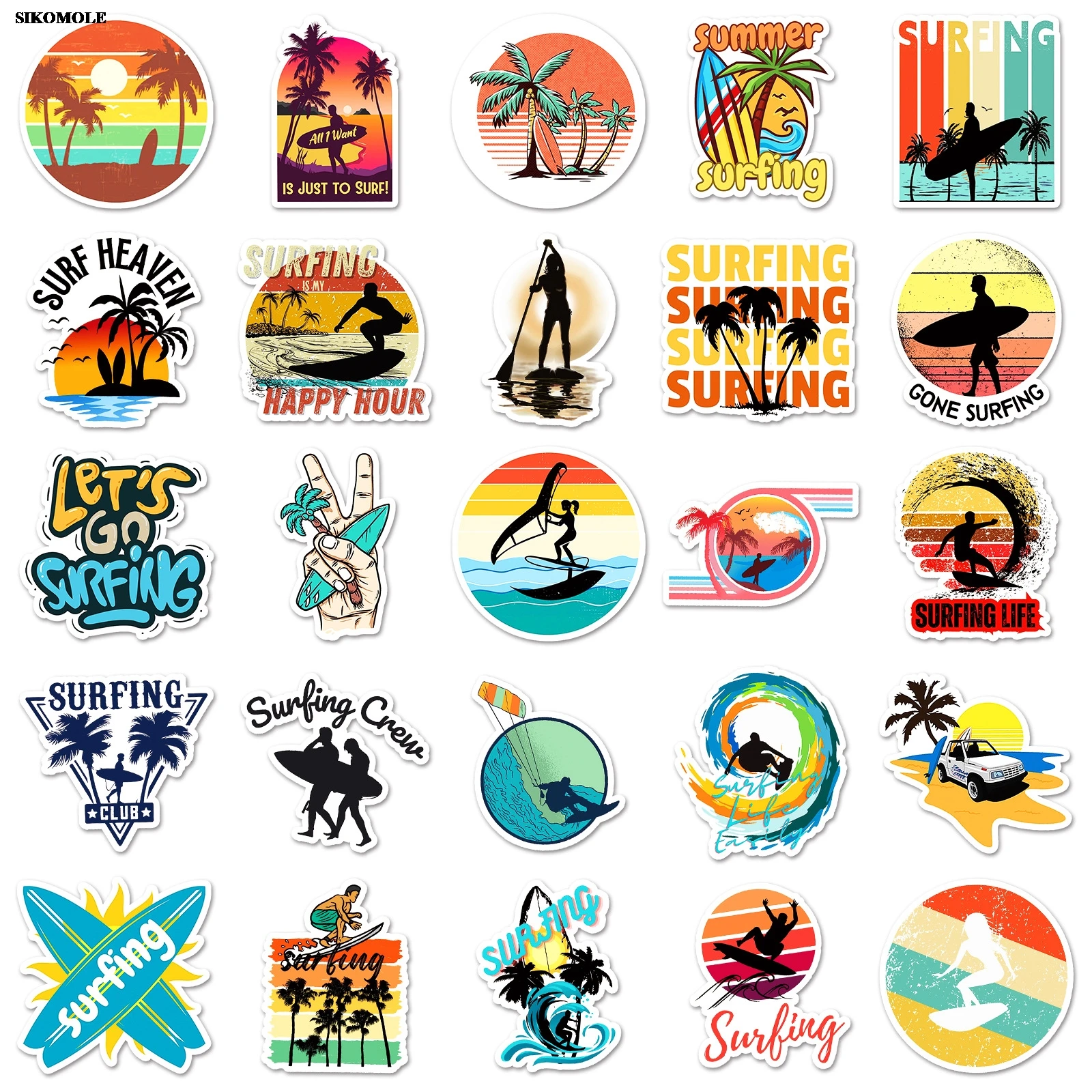 Cartoon Surf Adesivos para Crianças, Surf de Praia, Diário DIY, Laptop, Bagagem, Adesivo de Skate, Decalques Divertidos, Brinquedos Presente, 10, 30, 50Pcs