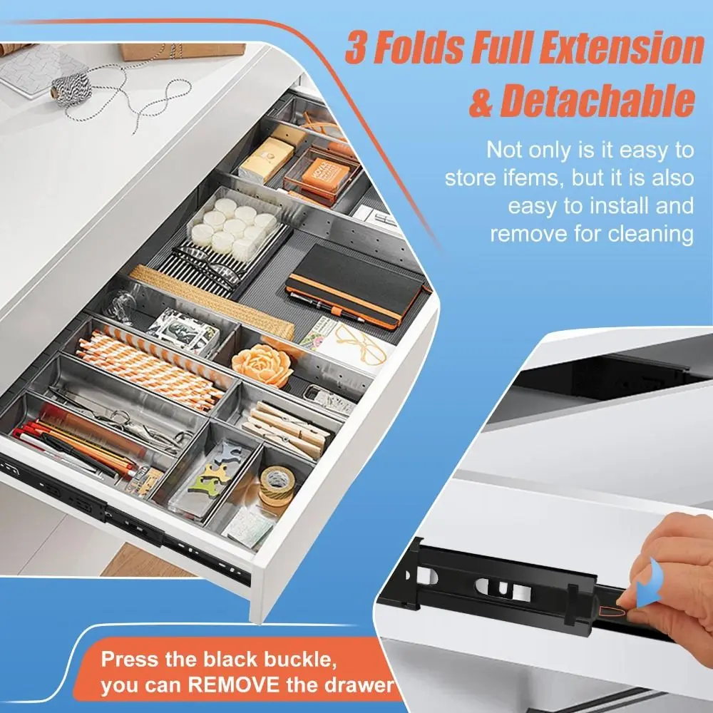 Black Drawer Slides Heavy Duty Easy Installation Ball Bearing Drawer Rails Smooth Operation Steel Full Extension Rails Wardrobe