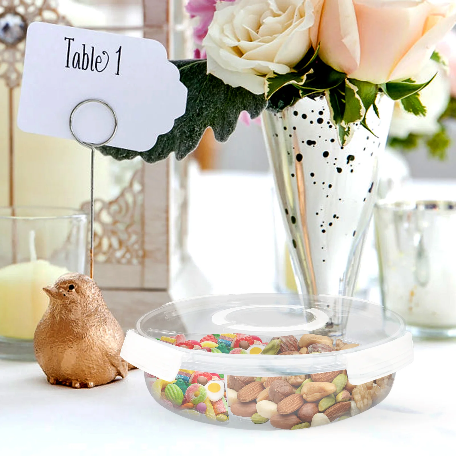 

Rotating Candy Dish With Lid Compartment Food Tray Storage Organizer Plastic Snack Serving Plate For Dry Fruit Nut Household