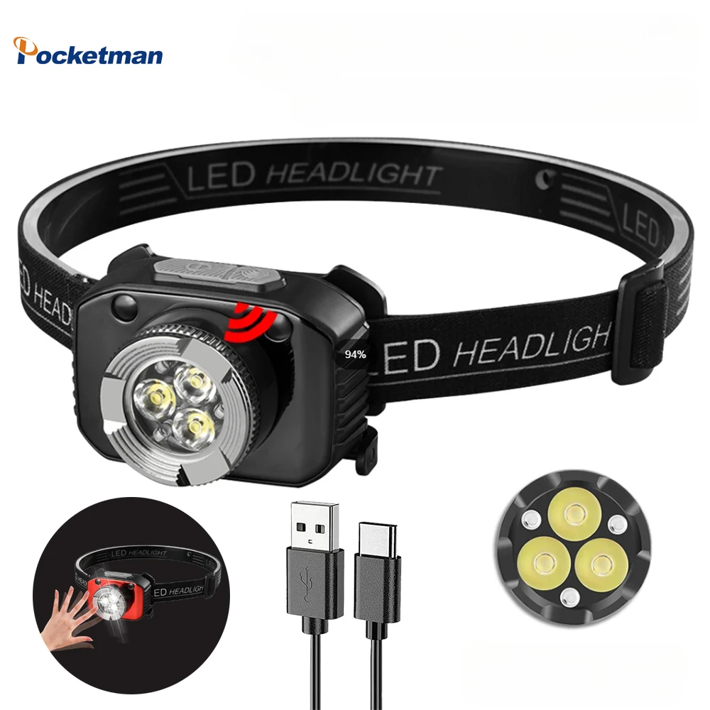 

Powerful Motion Sensor Headlamp USB Rechargeable Head Flashlight Waterproof Outdoor Portable Camping Fishing Headlight Lantern