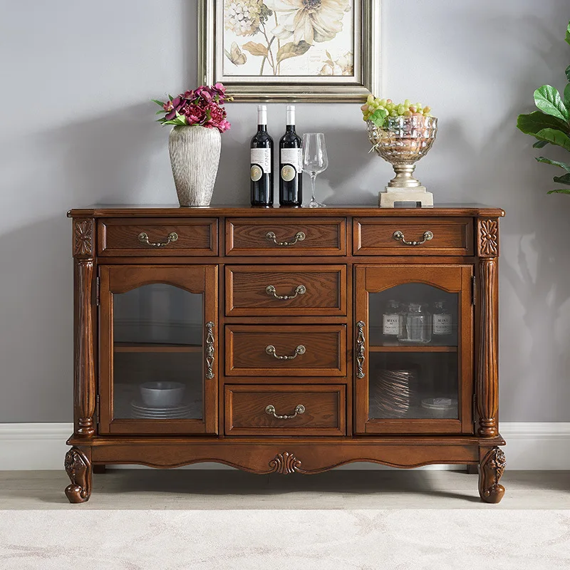 American all-solid wood dining side cabinet, cupboard, household kitchen storage, European-style porch cabinet decoration