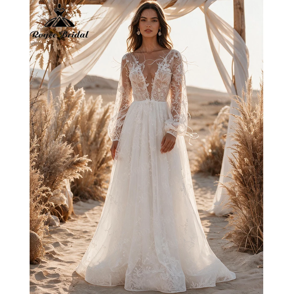 Roycebridal Deep V Neck Boho A Line Wedding Dresses 2027 Appliques Feathers Beach Bridal Gown Customized Vestido De Novia