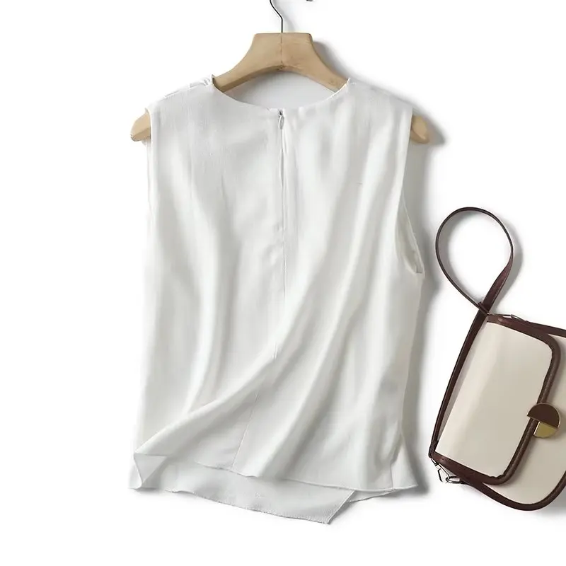 Maxdutti England Style Office  Blouse Wome Lady Fashion Simple Linen Shirt Sleeveless Casual White Ladies Tops