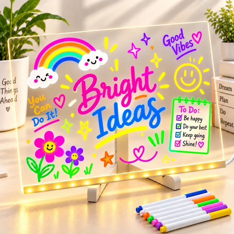 Acrylic Dry Erase Board with LED Light, 11.8 x 7.9 Inch Light Up Memo Board with Stand, USB Powered Dimmable Message Whiteboard