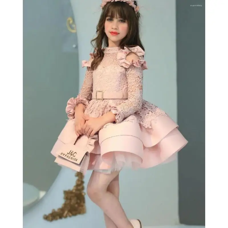 Sunnye Popular Fairy Flower Girl Dress Communion Girl Princess High Neck with Illusion Sleeve Lace Corest Fluffy Skirt Ball Gown