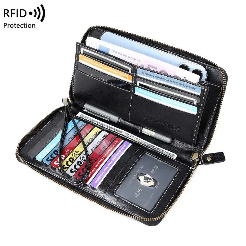 

RFID Women's Long Wallets Vintage Large Capacity Women's Purse Multi-card Wallet Multi-function Zipper Strap Wrist Strap