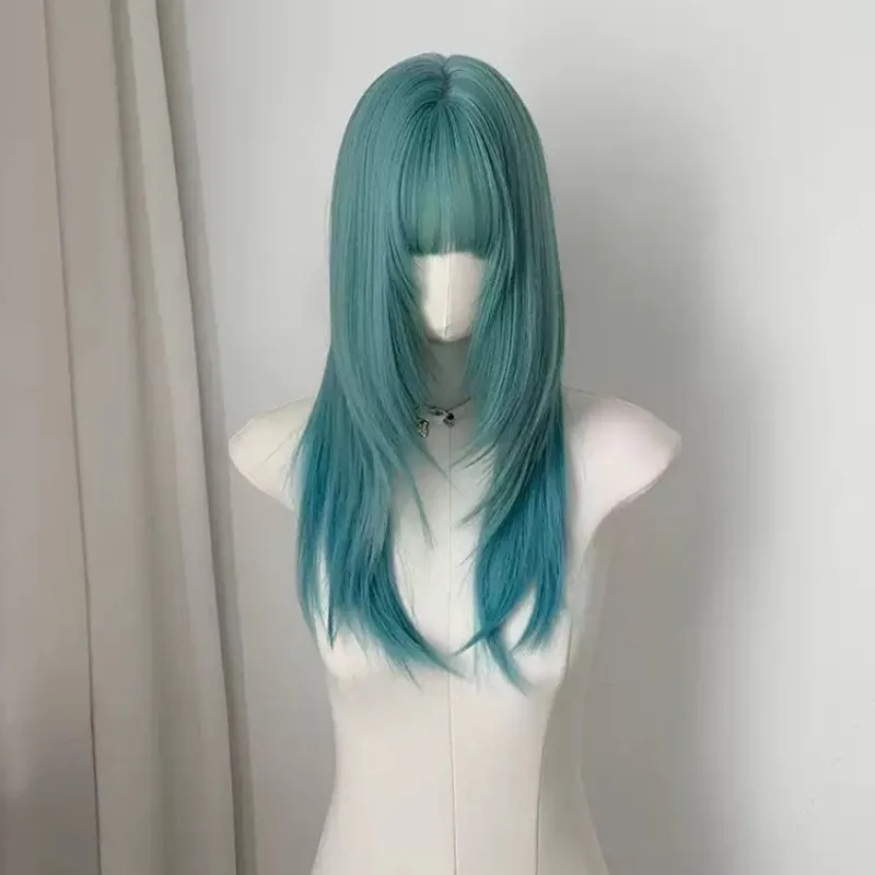Mint Green Long Straight Wig for Women, High Layer Full Head Synthetic Hair Wig, Invisible Natural Hair Wig for Daily Wear