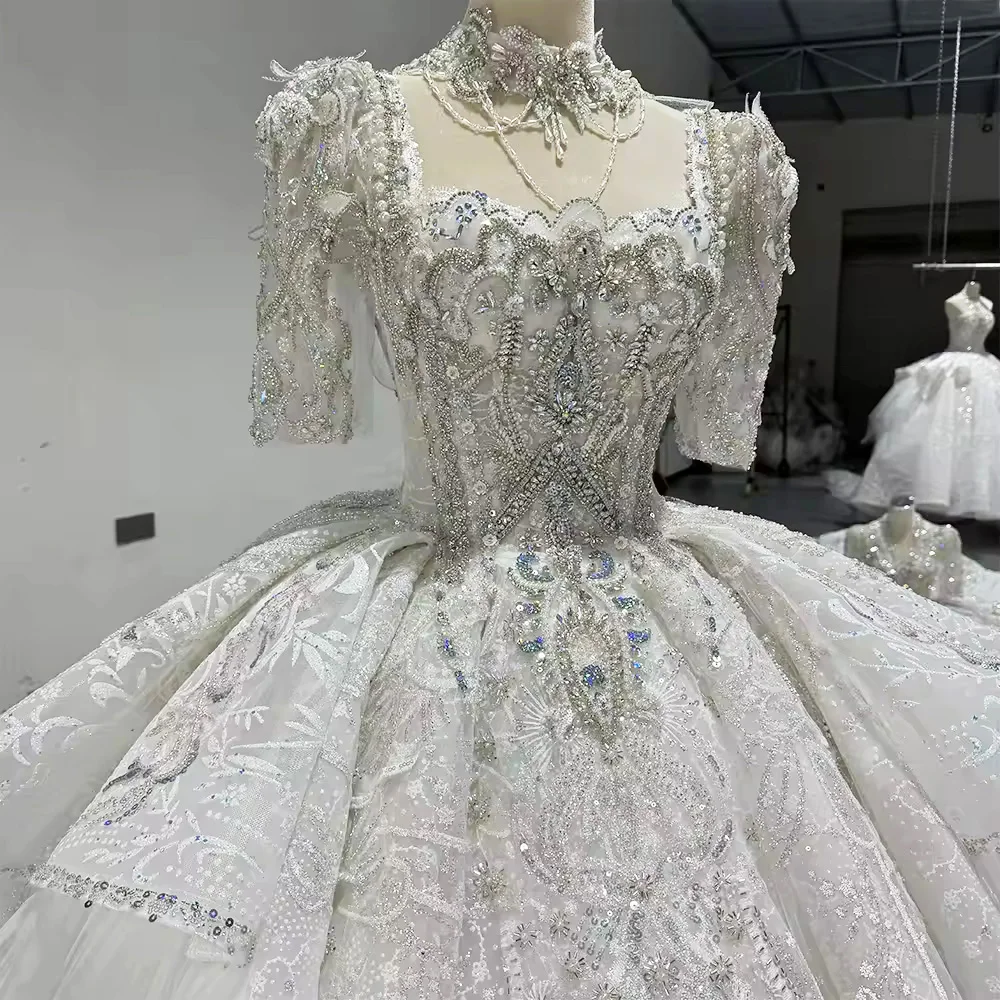 İnyaдебное плаokubе 2025 media manga cuello cuadrado rebordear vestido de bola de cristal vestido de novia vestido de novia largo de encaje con abertura en la espalda