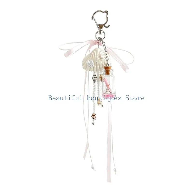 U4LF Decorative Key and Bag Charm with Shell Centerpiece, Ribbon Accent and Corked Bottle Detail for Everyday Carry Use