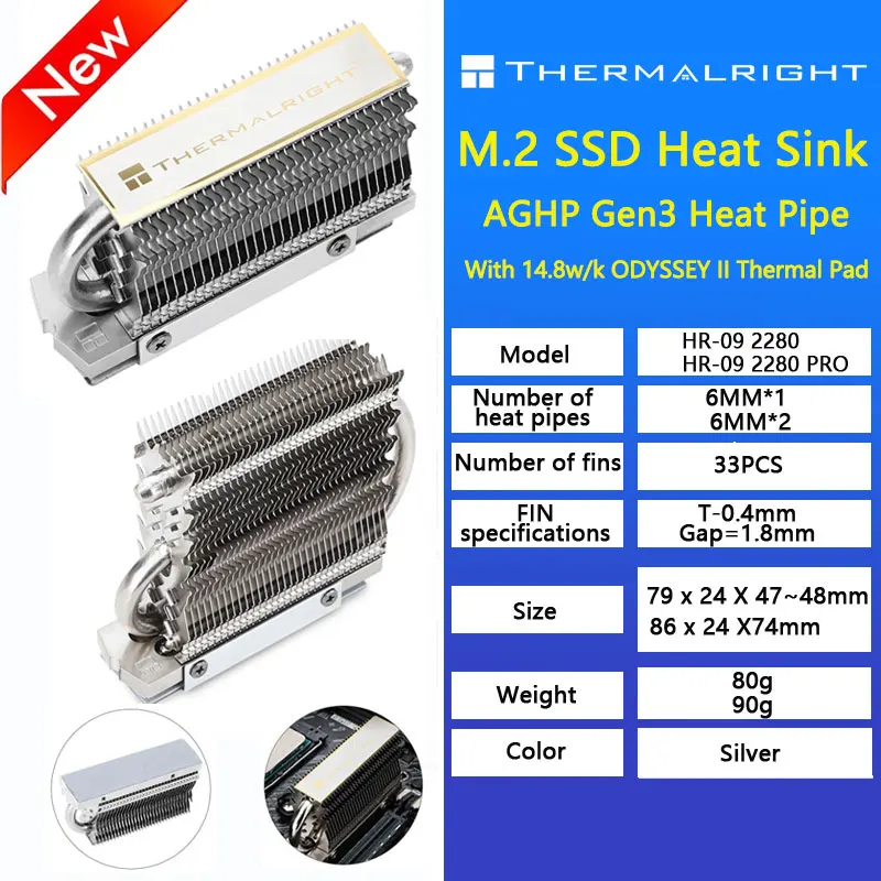 Thermalright-HR-09, unidad de estado sólido, disipador de calor de tubo de calor, radiador M.2 SSD, junta de enfriador con almohadilla de silicona térmica, 2280 M.2