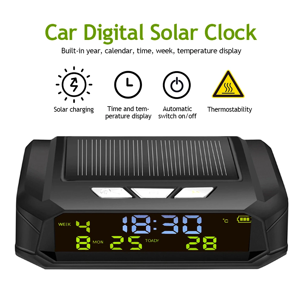 Solar Car Digital Clock Driving Time Date Dashboard Wiring-Free High-Precision LCD Digital Clock Car Watch With Backlight