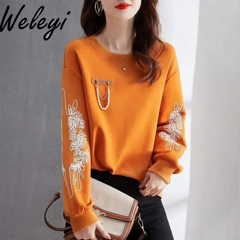 Round Neck Cotton Sweatshirt  Autumn and Winter Chic Temperament Blusas Leisure Loose Belly Covering Long Sleeve Women Pullover