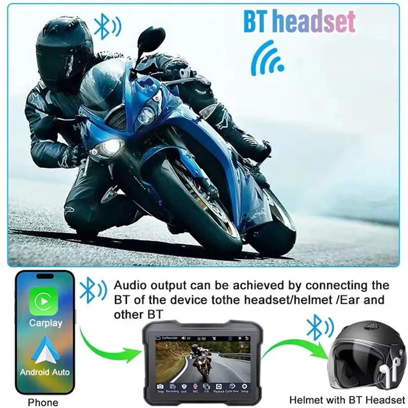 A22F-Motorcycle DVR Dash Cam Portable 5 Inch Wireless Carplay Android Auto Screen GPS Navigation Waterproof Monitor