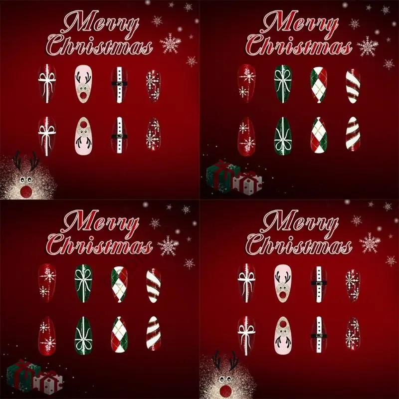 BX0F Festivo design scozzese rosso verde stampa unghie 48 pezzi/set pupazzo neve fiocco neve art