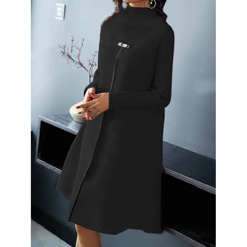 2024European and American Foreign Trade Women's Clothing Elegant Pure Color Long Sleeve Turtleneck Slimming Large Hem Dress