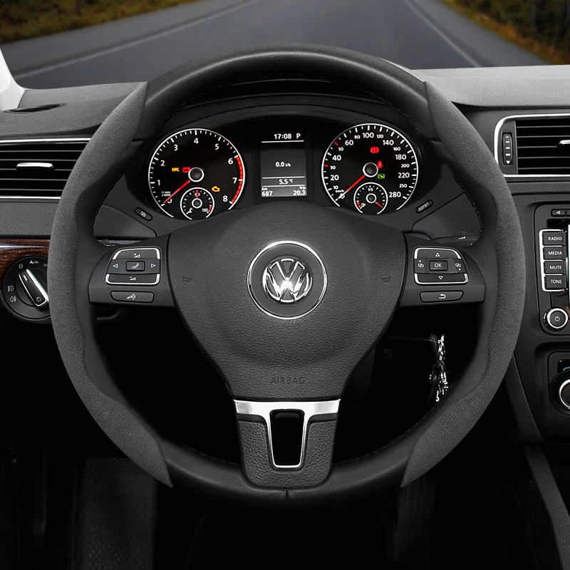 for Volkswagen Tiguan Jetta Passat Arteon T‑Roc Taigo ID.4 ID.7 Anti-slip buckle segmented suede steering wheel cover suitable