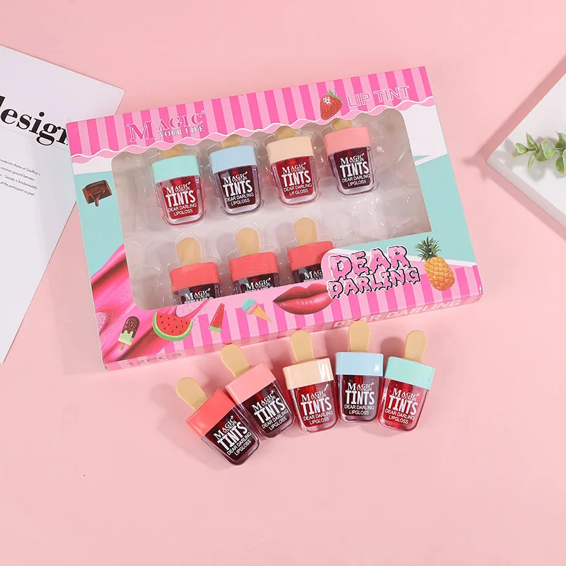 12Pcs Korea Fruit Lip Tint Ice Cream Lip Gloss Moisturizing Longlasting Non-sticky Liquid Lipstick Lips Makeup