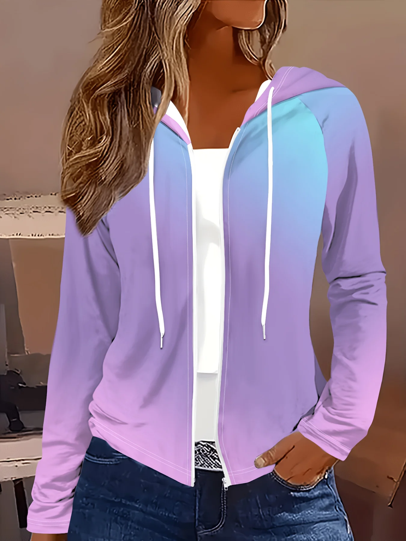 Printed Design Casual Style Gradient Color Block Design Print Women's Zip-Up Hooded Jacket
