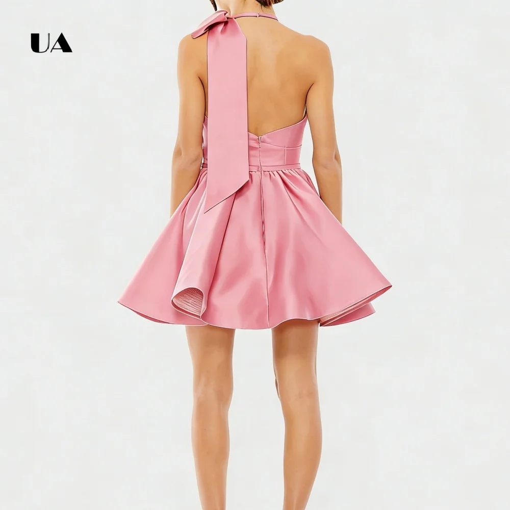 ULBYANRY Mini robe ajustée et évasée avec nœud surdimensionné, robes de soirée licou solides pour femmes, robe de soirée personnalisée sans manches