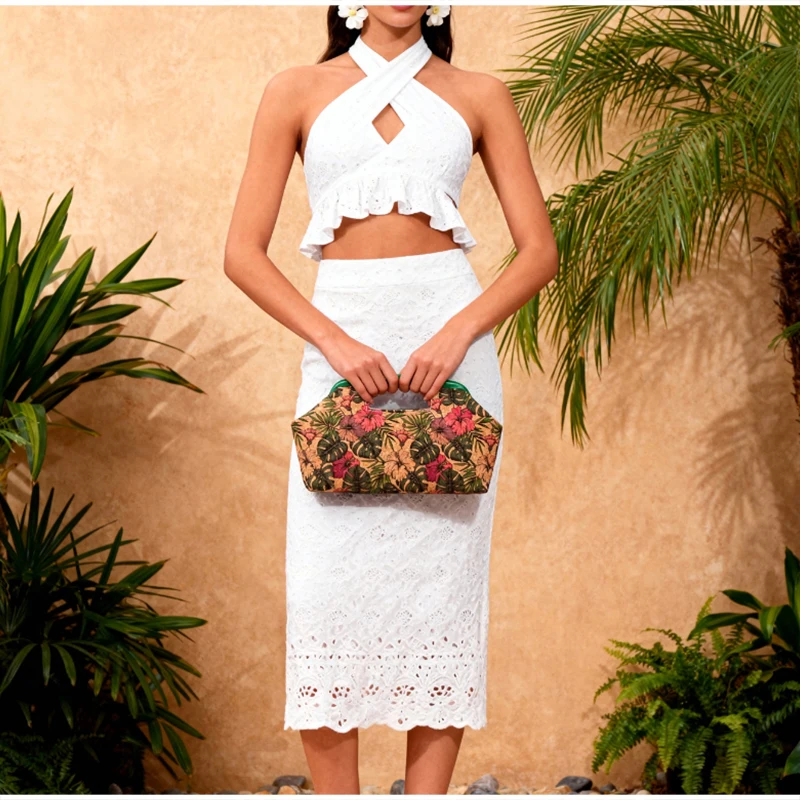 Handtasche mit Obergriff, Clutch aus gewebtem Stroh, Hobo-Tasche in Ahornblatt-Farbblock-Design, Damen-Sommermode-Abendtasche mit Farbkontrast – Detail 13