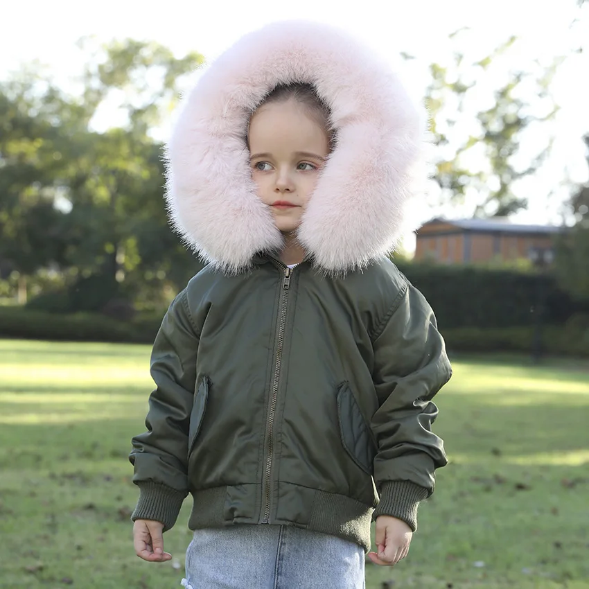 

Winter Children Girl Warm Parka With Faux Fur Collar Thicken Solid Plush Inner Lining Military Green Jacket JFF4-21003