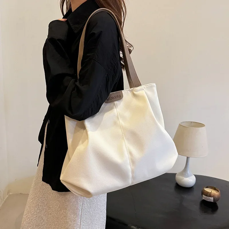 Autumn Classic Canvas Patchwork Large Shoulder Bag Women Pleated PU Strap Tote Bag Versatile College Students Handle Bag