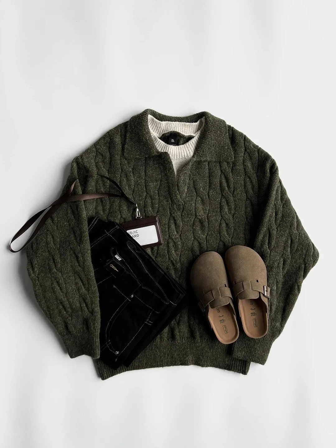 Men's Green Knitted Sweater Long Sleeve V-Neck Collar Inner Wear Thermal Base Shirt Polyester Fiber Loose Fit Regular Length