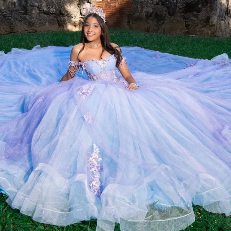 

Lavender Quinceanera Dresses Off the Shoulder Glitter Flower Decal Lace Long tail Bow Vestido e 15 Quinceanera Customize