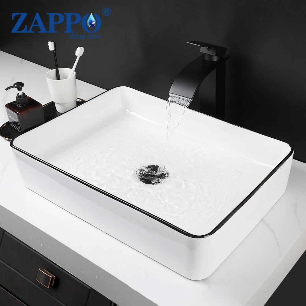 

ZAPPO Ceramic Rectangular Bathroom Vessel Sink Above Counter Porcelain Big Sink with Faucet Combo Washing Sink for Bathroom