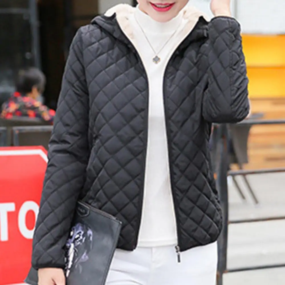 Women Autumn Winter Check Pockets Parka Jacket Plush Liner Hooded Outerwear Coat