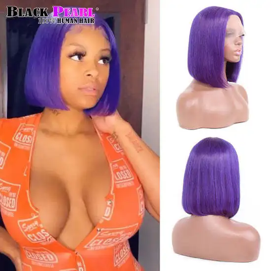 Straight Short Bob Wig 13x5x2 T Part Lace Front Human Hair Brazilian 180% Density Purple Color Pre Plucked With Baby Hair - Image 4
