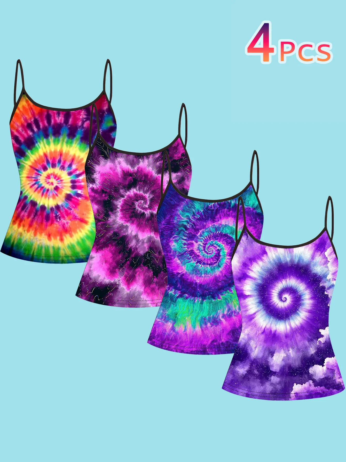 4-Piece Set of Women's Spaghetti Strap Camisoles with Colorful Spiral Swirl Tie-Dye Starry Sky Gradient Print Slim Fit Sleeveless Tops