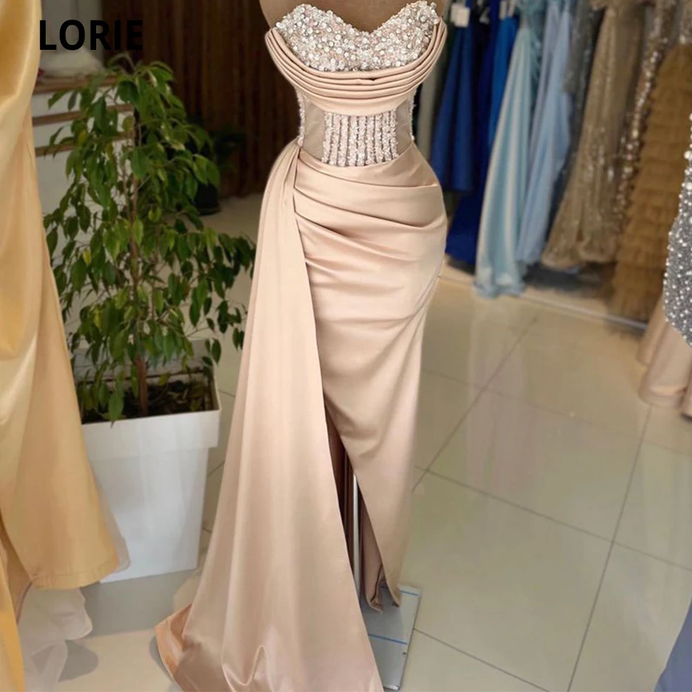 LORIE-Sereia cetim vestido de noite, querida longa, cristais Applique, Prom Party Gowns, Split plissado, vestido formal