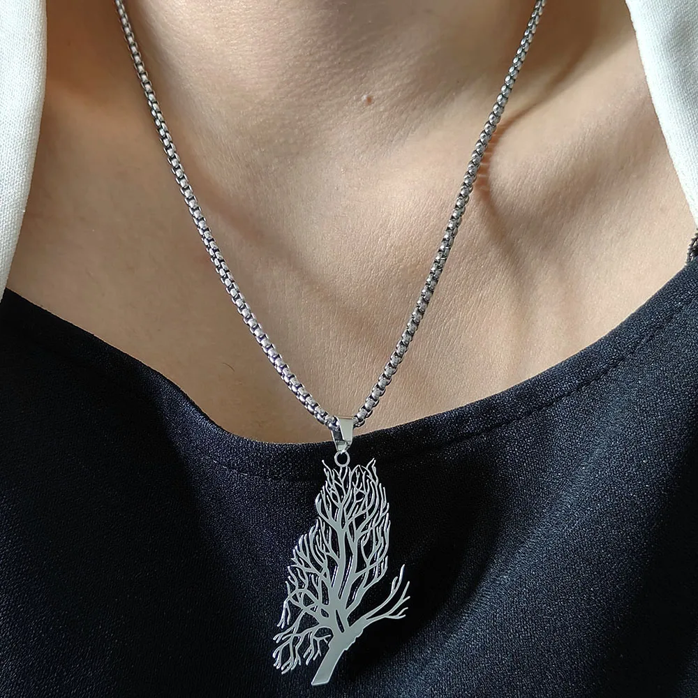 316L Stainless Steel Tree Owl Pendant Necklace Keychain Hollow Owl Tree Jewelry Unisex Accessory Gift