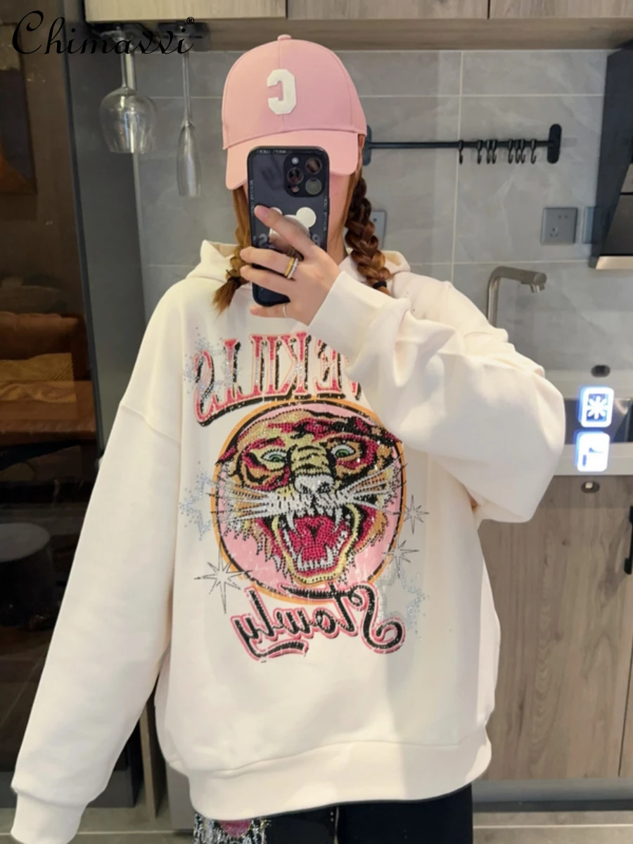 High-End Hoodie 2024 Spring New Fashion Long Sleeve Loose Street Clothing Large Size Mid-Length Tiger Head Hooded Sweatshirts