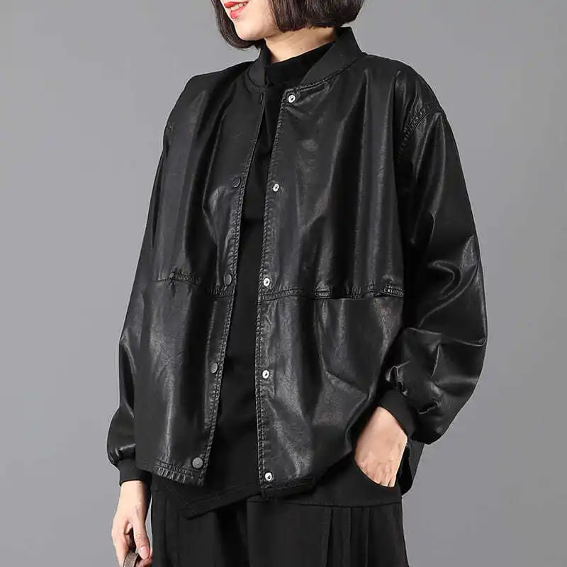 Women's Loose Fit Leather Jacket Autumn Fashion New Arrival Big Size Label Removed Outerwear Stand Collar Seven Sleeve Long