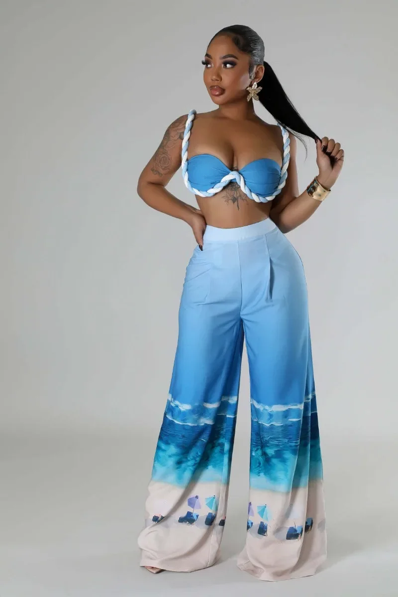 

Women Summer Print 2 Piece Set Braid Splicing Bra Tops + High Waist Wide Leg Pants Fashion Vacation Beach Suit Casual Streetwear