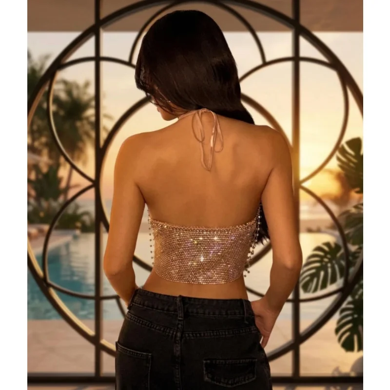 Goldenes Strass-Netz-Halter-Crop-Top für Damen, V-Ausschnitt, rückenfreies Ketten-Top, ausgehöhltes Quasten-Body-Ketten-Top, Party, Festival, Strand, Club – Detail 3