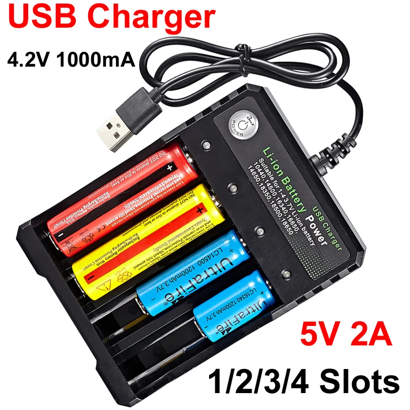 

4 Slots USB Li-ion Battery Charger prived 4.2V 1000mA Charging for 10440 14500 16340 16650 14650 18350 18500 Battery Recharge