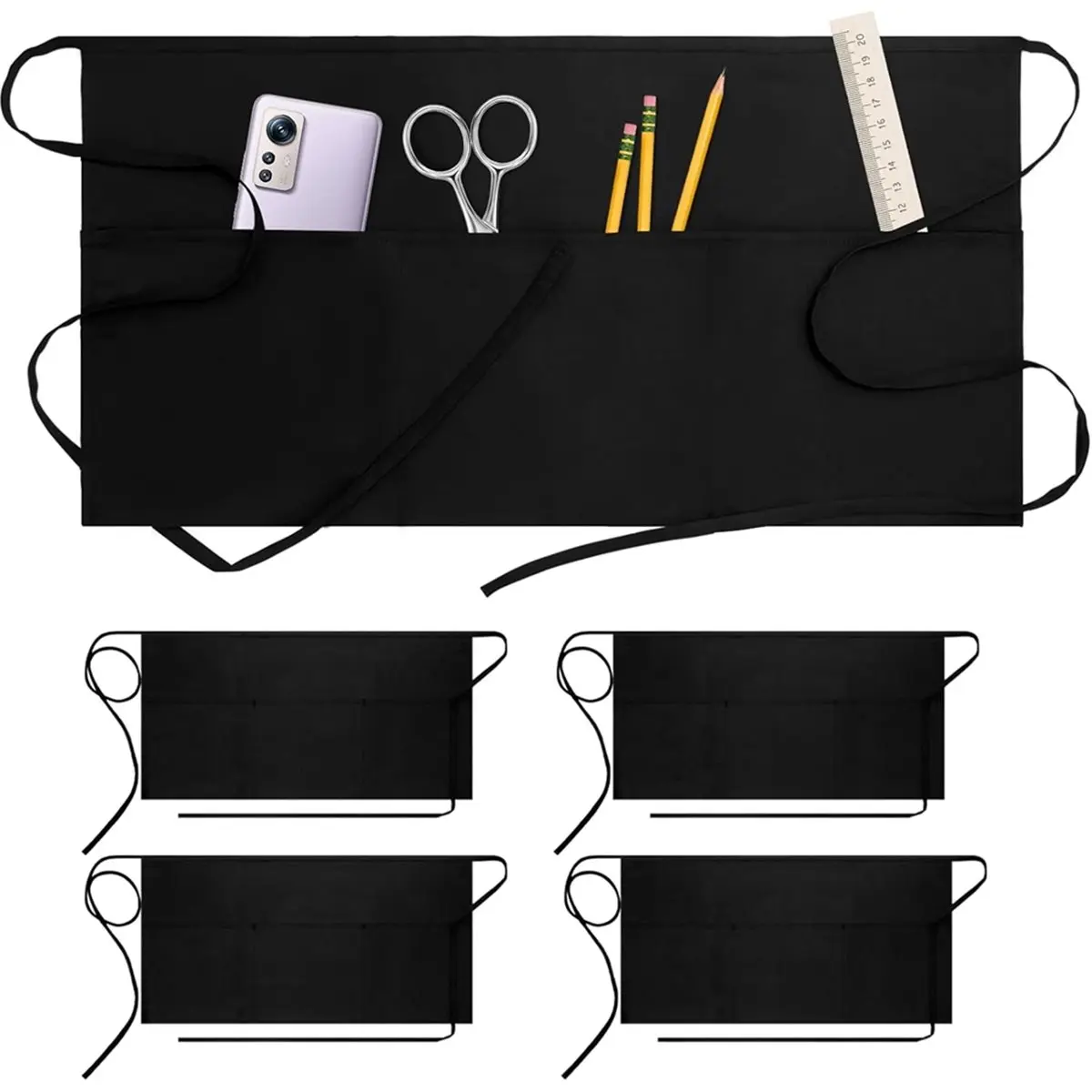 【TODAY-BUY】~@ 4-Pack Waterproof Server Apron with 3 Pockets - Ideal for Waitresses, Bartenders, and Craftsmen, Black