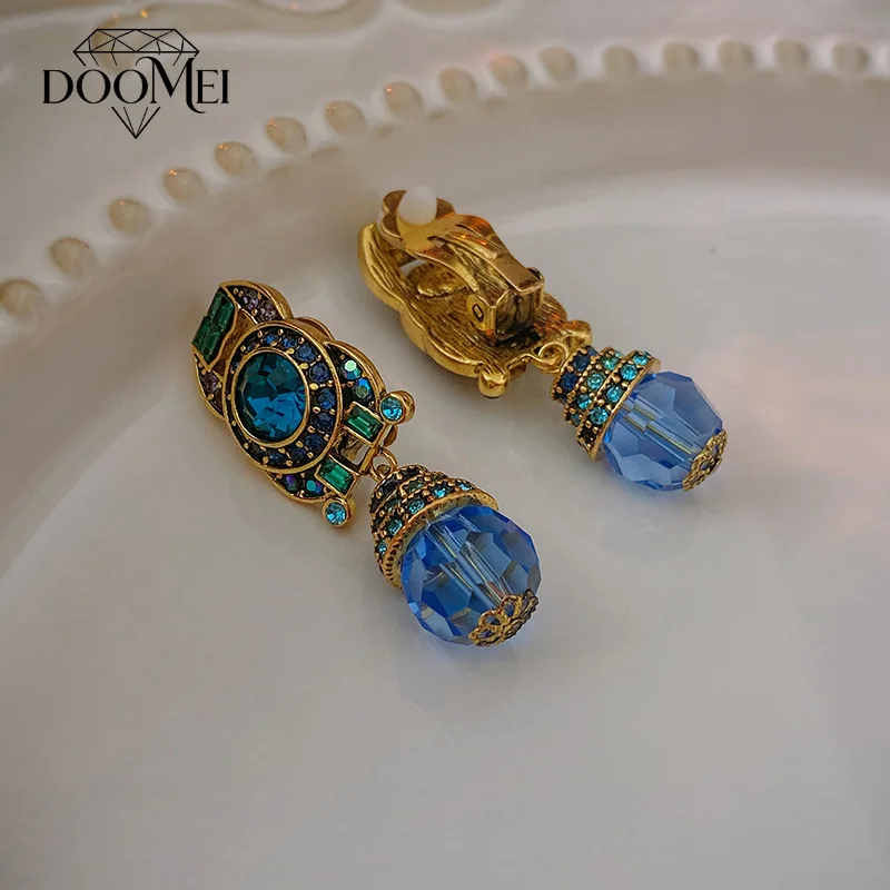 DOO MEI Vintage Blue Crystal Clip Earrings Women's Fashion Water Drop Earrings Wedding Banquet Evening Party Jewelry Gifts