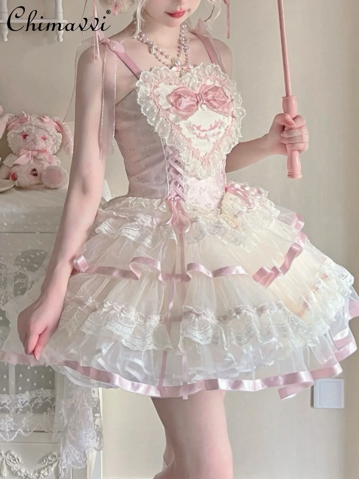 Silk Satin Lolita Girly Style JSK Suspender Dress Women Sweet Cute Ballet Style Princess High Waist Slimming Above Knee Dress