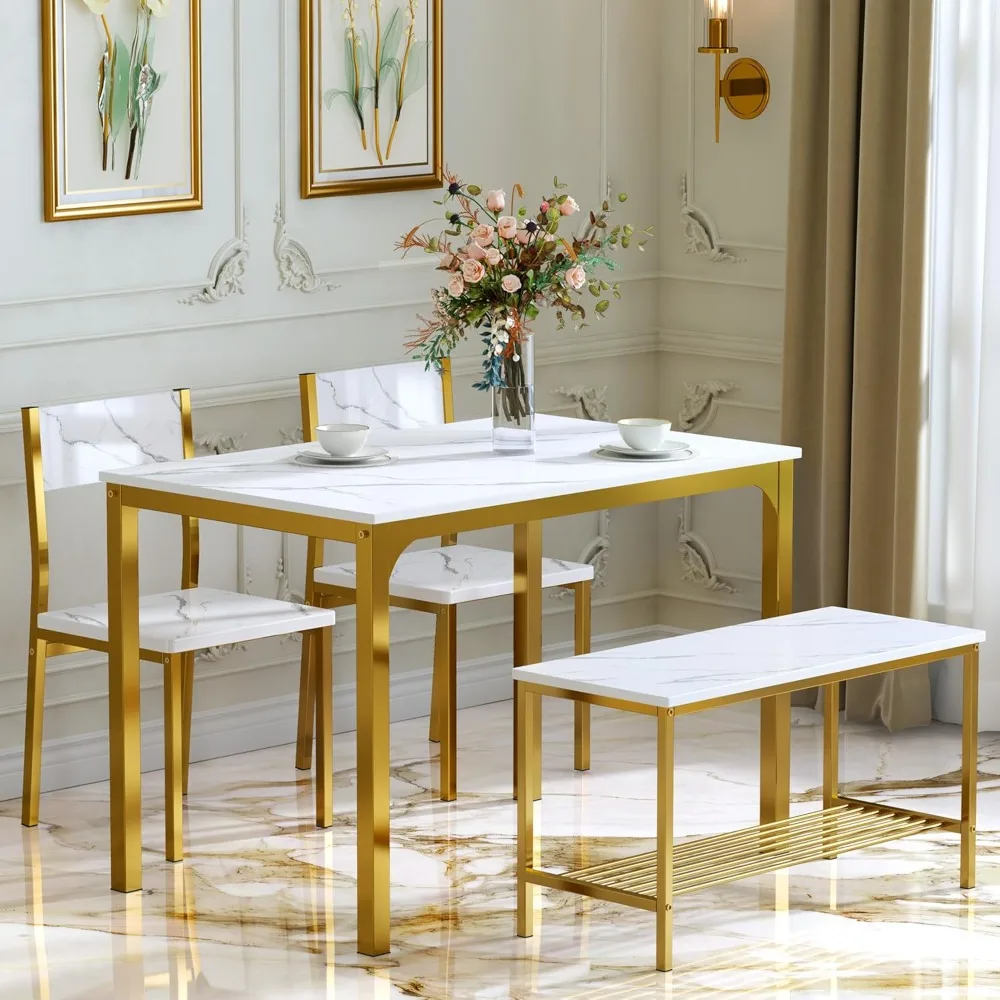 

Modern 4-Piece Kitchen Dining Table Set with 1 Bench and 2 Chairs, Kitchen Bench Table Set for 4, Wooden Kitchen Table and Chai