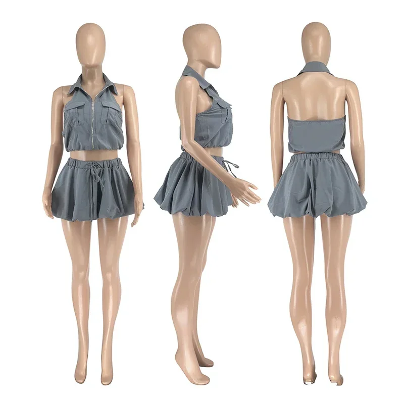 Rok Puff Pakaian Jalanan Set 2 Potong untuk Wanita Pakaian Musim Panas Halter Punggung Terbuka Saku Ritsleting Atasan Crop dan Rok Mikro Set Yang Cocok