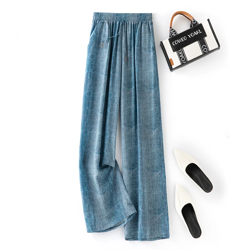 100% Mulberry Silk 16 momme Crepe Silk Women Pants Blue Jeans Printed Wide Leg Long Trousers Elastic Waist with Pockets FF060