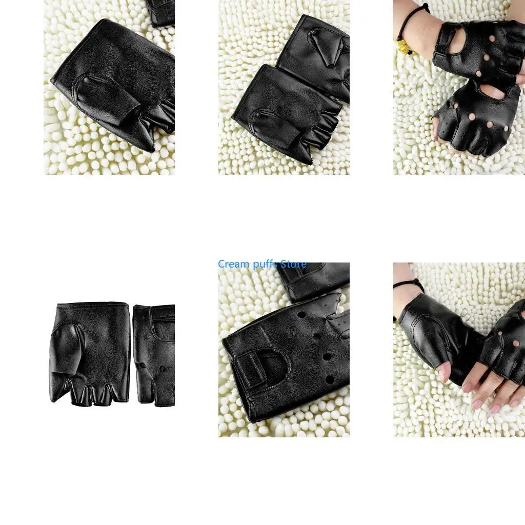 50LE Men Faux Leather Slip-Resistant Half Finger Fingerless Gloves Hollow Out Black Driving Motorcycle Hand Wrist Mittens