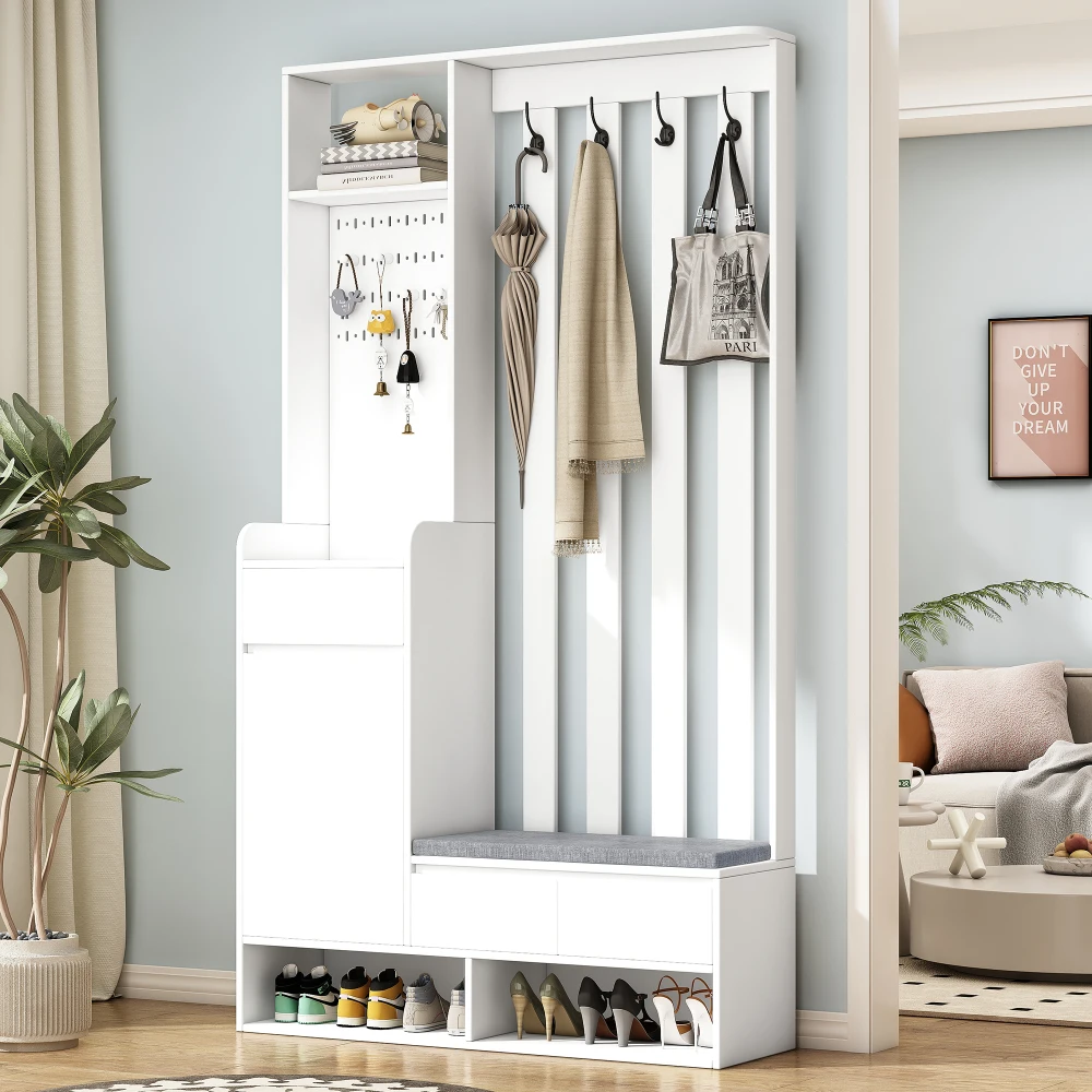PINGGO Flur-Garderobe mit weicher Polsterung, langer Aufbewahrungsbank, multifunktionaler Schuhschrank für den Eingangsbereich, modernes Design, Plug-in-Schreibtisch – Detail 7